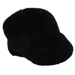 90s Women's Black Chenille w Rose Newsboy Cabbie Hat Beret Retro Hat Cap Vtg